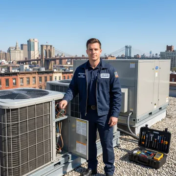 Commercial HVAC technician performing maintenance on rooftop HVAC units in Brooklyn, NY