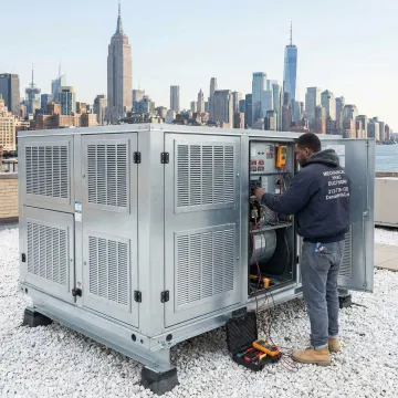 HVAC technician servicing a commercial makeup air unit on a Manhattan rooftop