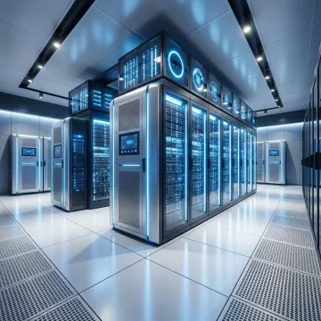 Data center precision cooling system installed in a server room with raised flooring and rack-mounted servers