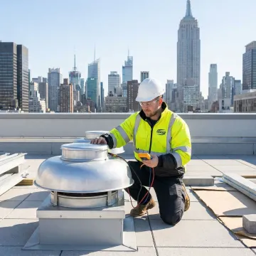 HVAC technician testing a repaired roof exhaust fan unit on a NYC rooftop