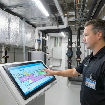 Building automation systems technician programming a commercial BAS control panel in Long Island City