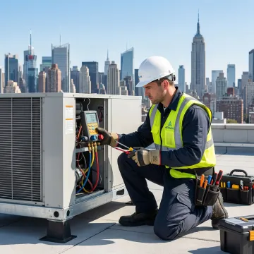 HVAC technician performing step-by-step rooftop unit repair on a commercial building