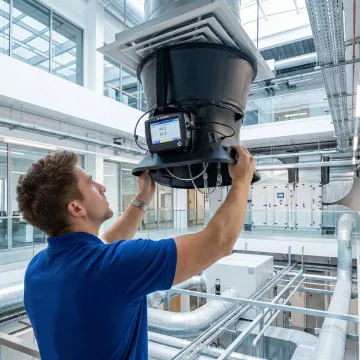HVAC technician conducting ventilation system testing and balancing in a commercial building