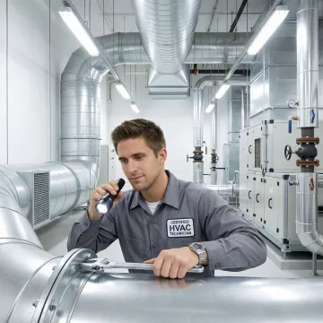 Commercial HVAC ventilation repair technician working on ductwork in a Long Island City office building