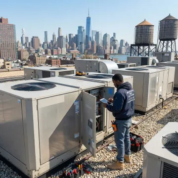 Multifamily HVAC contractor technician servicing rooftop HVAC units on a Queens NY apartment building