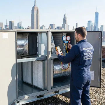HVAC technician diagnosing a commercial makeup air unit on a rooftop in Queens, New York