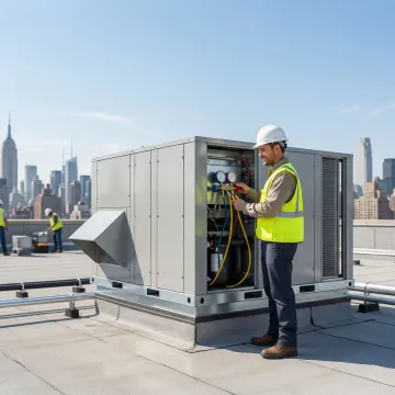 Certified HVAC technician performing emergency repair on a rooftop makeup air unit in Queens, NY