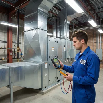 HVAC technician diagnosing a commercial HVAC unit inside a Queens business facility