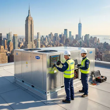 HVAC technicians performing a commercial system replacement and commissioning in a Manhattan office building