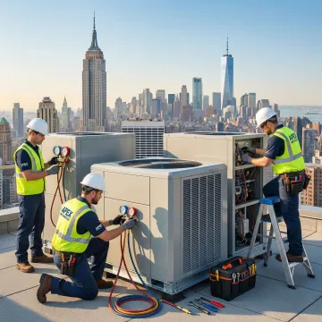 Commercial HVAC replacement being performed on a Manhattan commercial building rooftop