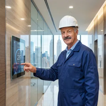 HVAC technician installing a temperature control system in a Manhattan commercial building