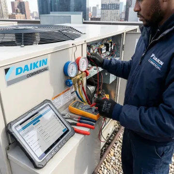 Daikin rooftop unit repair in progress on a Brooklyn commercial building rooftop