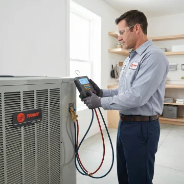 HVAC technician testing a repaired Trane air conditioning unit after service