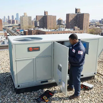 Denair HVAC certified technician repairing a Trane air conditioning unit in Queens, NY