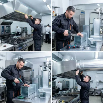 HVAC technician performing grease ductwork installation steps in a commercial kitchen