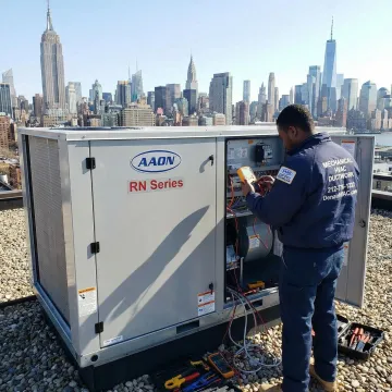 AAON RN Series rooftop unit being repaired by a certified HVAC technician in Long Island City