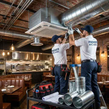 HVAC technicians installing commercial ductwork in a Manhattan restaurant