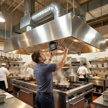 Restaurant HVAC contractor servicing commercial kitchen ventilation system in Manhattan