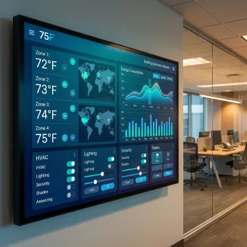 Building automation system touchscreen interface showing HVAC zone controls and energy usage data