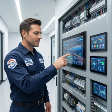 HVAC control technician programming a building automation system panel in a Manhattan commercial building