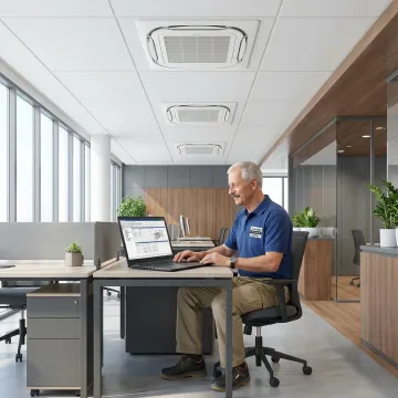 HVAC technician commissioning a Mitsubishi City Multi VRF system in a commercial building
