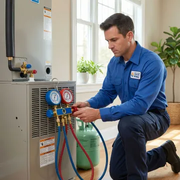 Denair HVAC technician performing a service check on a residential HVAC system on Long Island