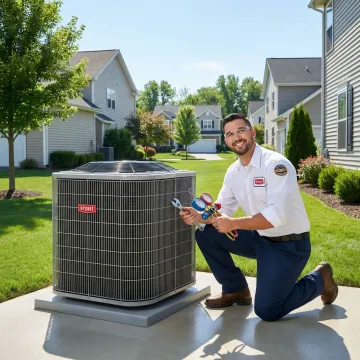 Licensed HVAC technician servicing a heating and cooling unit on Long Island