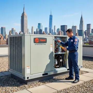 Certified HVAC technician repairing a Trane air conditioning unit in a Manhattan building