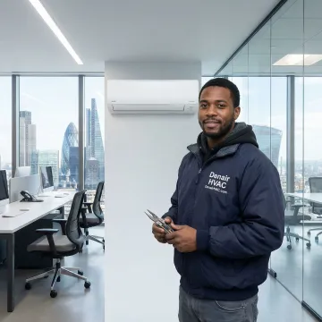HVAC technician performing VRV system maintenance in a Manhattan commercial building