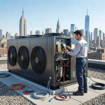 Certified technician servicing a VRV outdoor condensing unit on a Manhattan rooftop