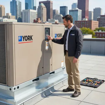 Certified HVAC technician repairing a York rooftop unit on a commercial building in Long Island City