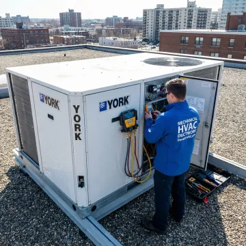 HVAC technician testing a York rooftop unit after repair on a commercial building