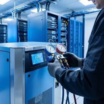 HVAC technician inspecting precision cooling equipment inside an active data center server room