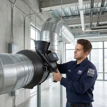 HVAC technician testing and balancing a duct fan system in a Manhattan building