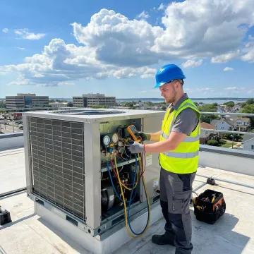 HVAC technician diagnosing and repairing a commercial HVAC unit on a Long Island rooftop
