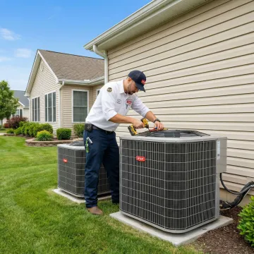 Certified HVAC technician performing emergency repair on a residential unit in Long Island