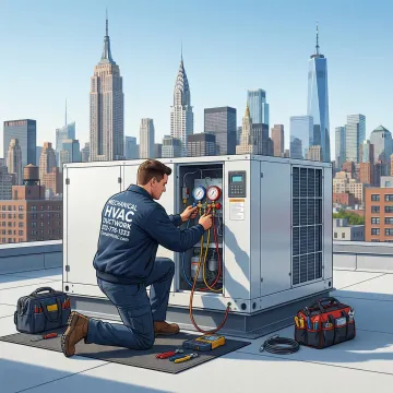 HVAC technician performing maintenance on a makeup air unit on a Manhattan rooftop