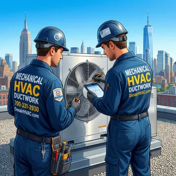 Certified HVAC technician repairing a commercial exhaust fan on a Manhattan rooftop