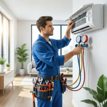 Licensed HVAC technician repairing an air conditioning unit in a Long Island City apartment