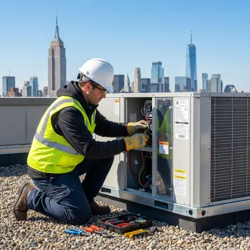 Denair HVAC technician servicing a commercial rooftop AC unit in New York City
