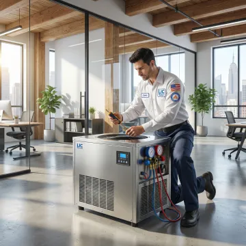 Certified HVAC technician installing a precision cooling system in a Long Island City commercial building