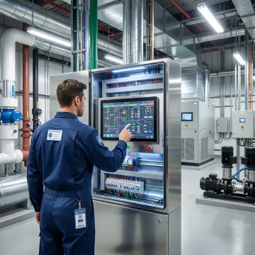 BAS contractor technician configuring a building automation system panel in a Long Island City commercial facility