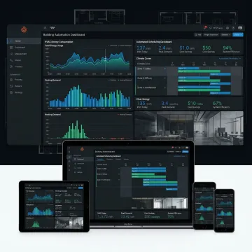Building automation system touchscreen interface displaying HVAC energy data and controls in a commercial building