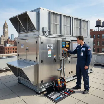 HVAC technician repairing a makeup air unit on a commercial rooftop in Brooklyn, NY