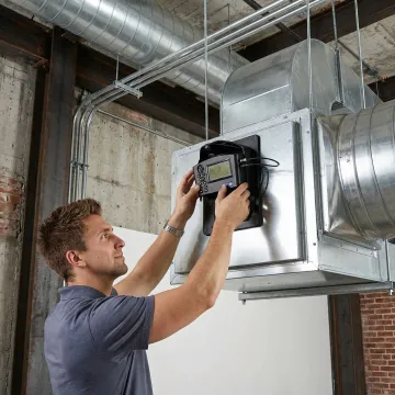 Technician performing makeup air unit repair inside a commercial building in Brooklyn