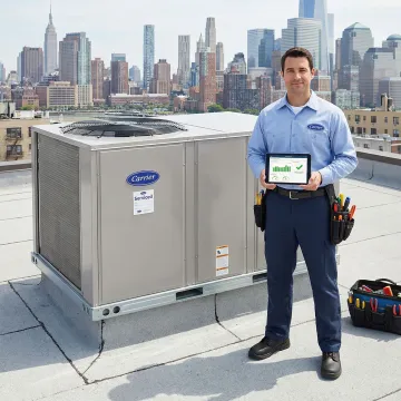 HVAC technician running system verification tests on a repaired Carrier rooftop unit in Queens