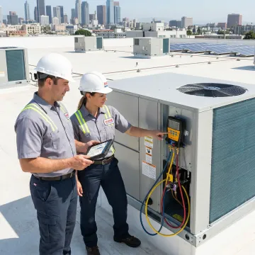 HVAC technician commissioning a commercial rooftop unit after service