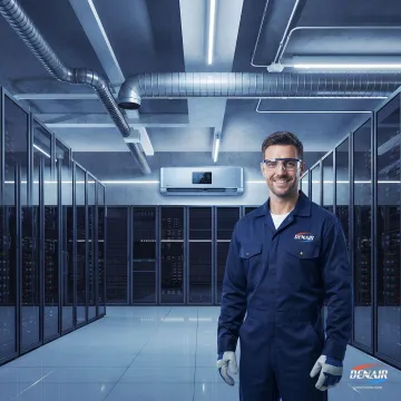 Certified HVAC technician servicing a computer room air conditioning unit in a Manhattan server room