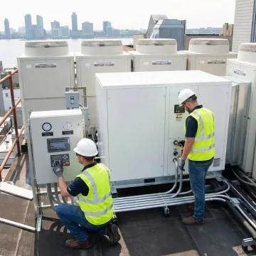 HVAC team commissioning a make-up air unit installation on a Long Island City rooftop