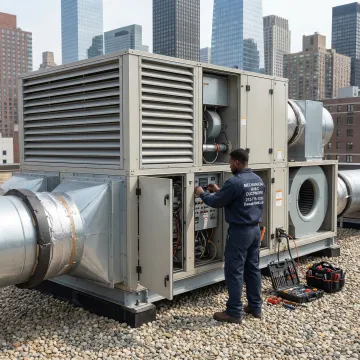 HVAC technician servicing a make-up air unit on a commercial rooftop in Long Island City